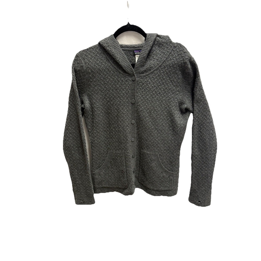 Patagonia Womens 100% Cashmere Knit Hooded Button Cardigan Sweater Gray L‎
